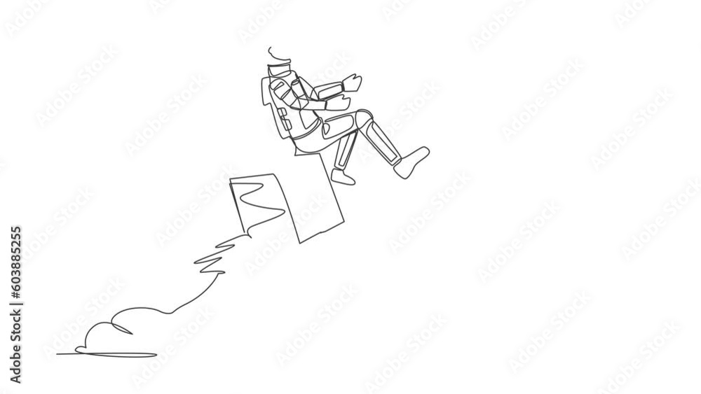 Aufkleber animated self drawing of continuous line draw of young astronaut riding gift box rocket flying in mo