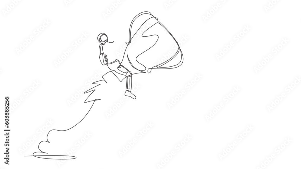 Poster animated self drawing of continuous line draw astronaut riding trophy rocket flying in moon surface.