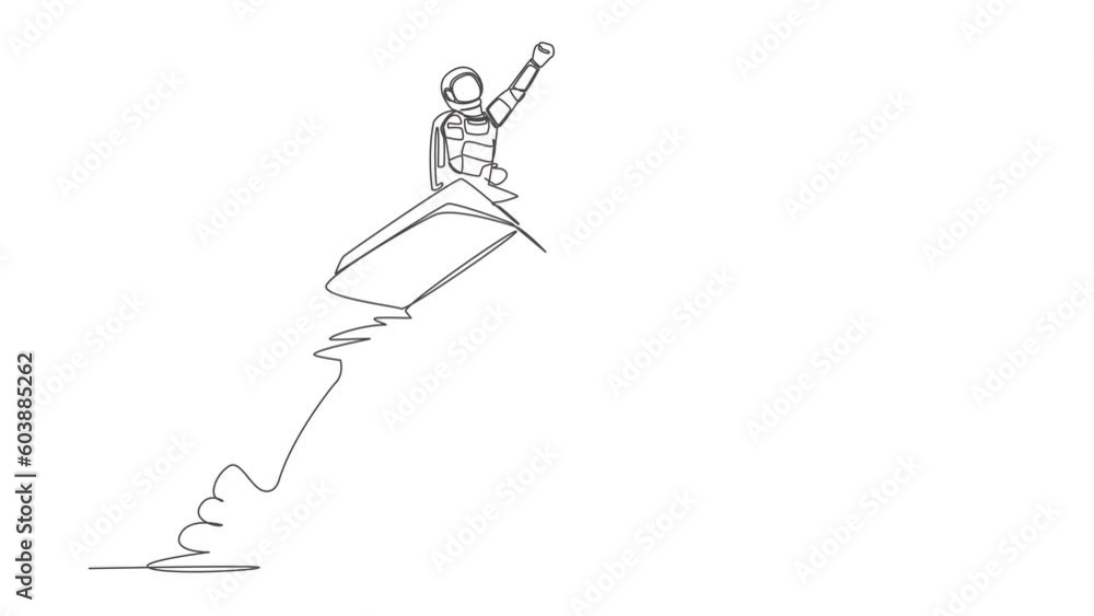 Poster self drawing animation of single line draw astronaut riding book rocket flying in moon surface. incr