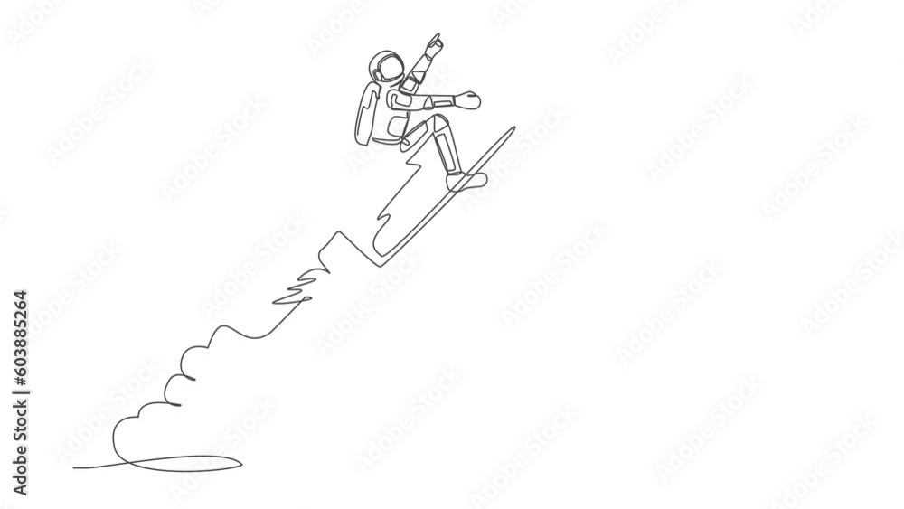 Poster animated self drawing of continuous line draw astronaut riding pencil rocket flying in moon surface.