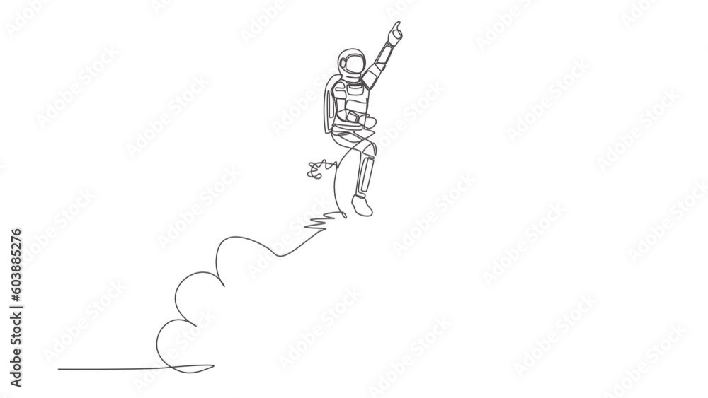 Poster animated self drawing of continuous one line draw astronaut riding piggy bank rocket flying in moon 