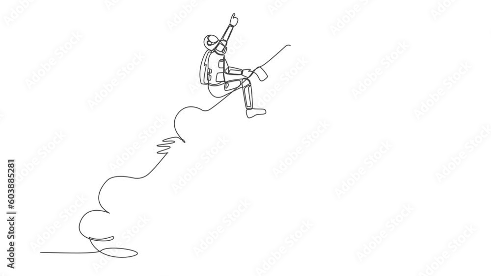 Poster self drawing animation of single line draw young astronaut riding key rocket flying in moon surface.
