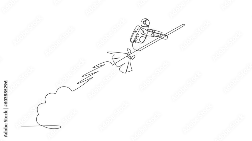 Poster animated self drawing of continuous line draw of young astronaut riding magic broom rocket flying in