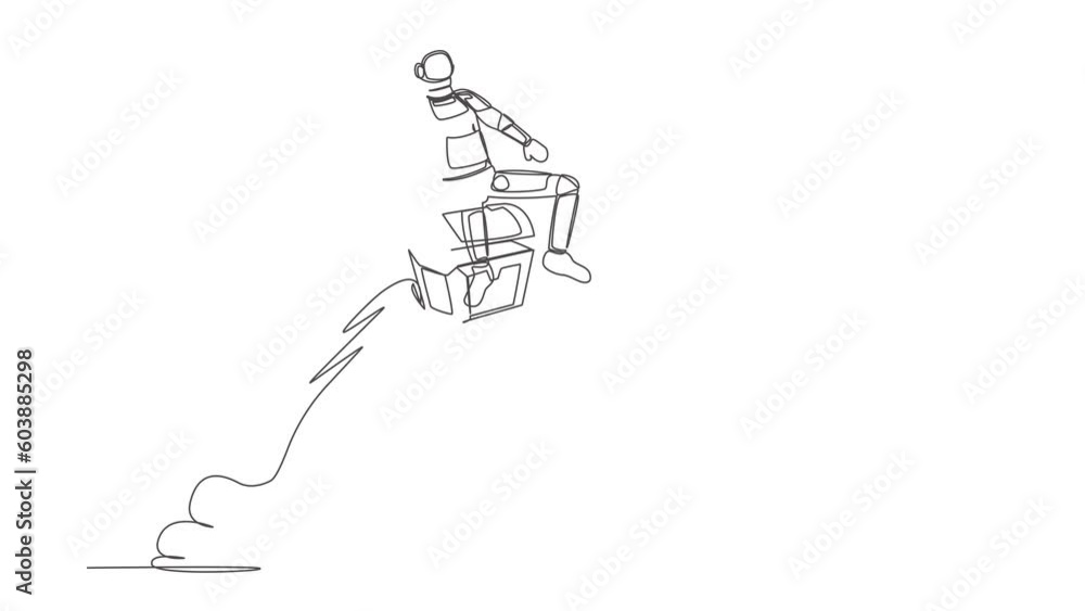 Poster self drawing animation of single line draw astronaut riding treasure chest rocket flying in moon sur