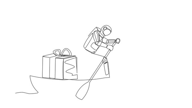 Animated self drawing of continuous line draw astronaut sailing away on boat with gift box. Prizes for cosmonauts who have successfully explored outer space. Cosmonaut. Full length one line animation