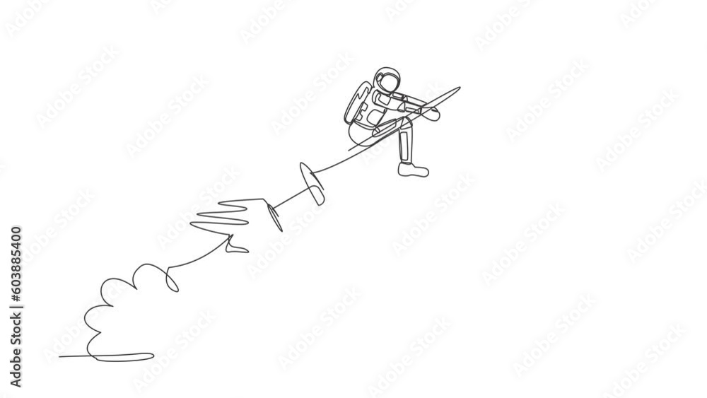 Poster animated self drawing of continuous line draw astronaut riding syringe rocket flying in moon surface