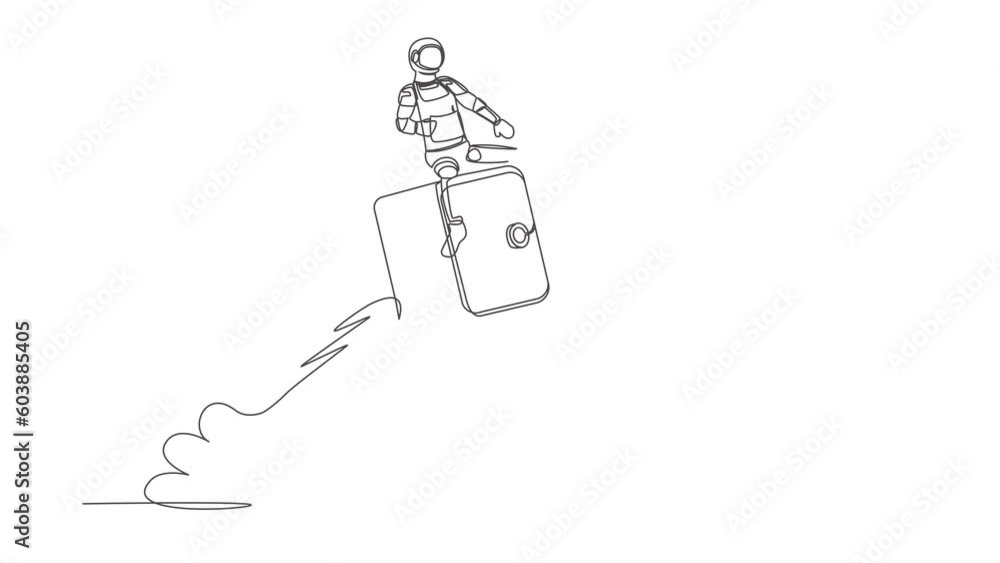 Aufkleber animated self drawing of continuous line draw astronaut riding safe deposit box rocket flying in moo