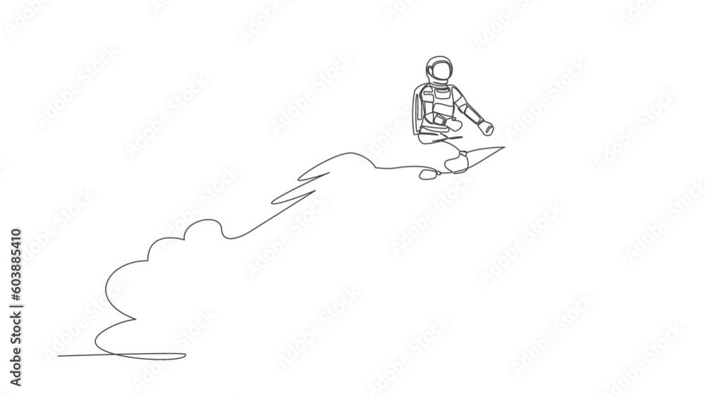 Poster self drawing animation of single line draw of astronaut riding magic carpet rocket flying in moon su