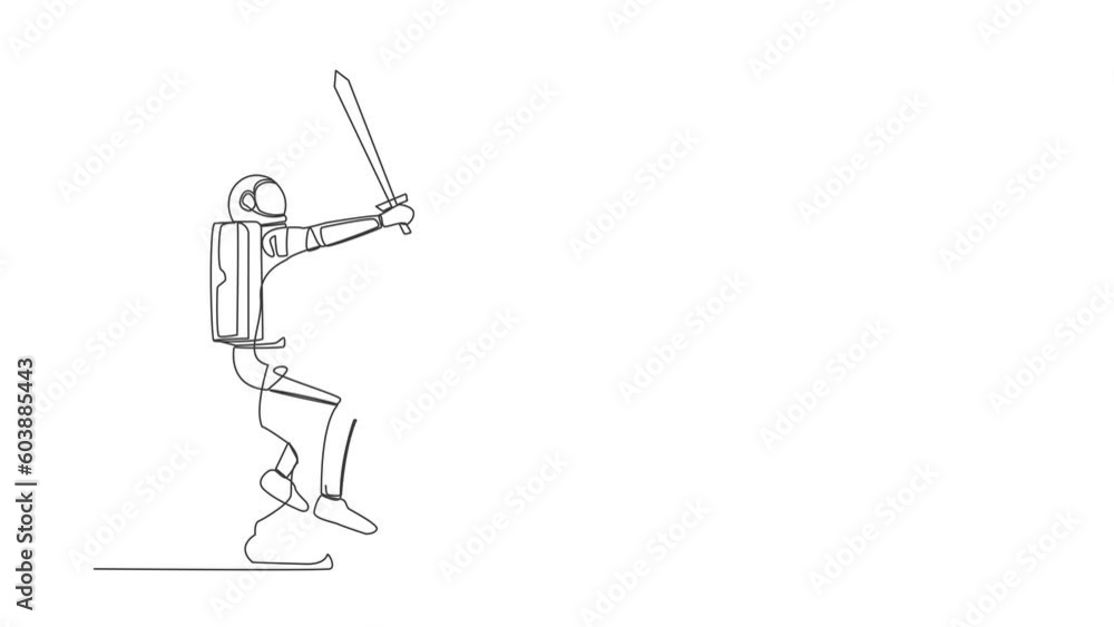 Poster animated self drawing of continuous line draw young astronaut riding big chess horse piece with swor