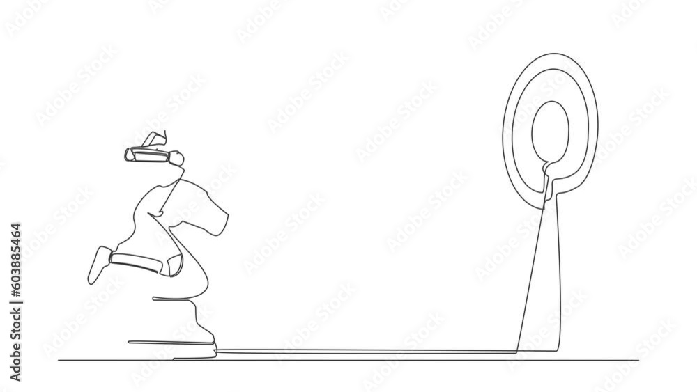 Poster animated self drawing of continuous line draw of astronaut holding huge dart and targeting dartboard