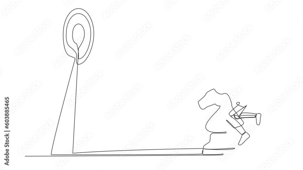 Poster animated self drawing of continuous line draw of astronaut holding huge dart and targeting dartboard