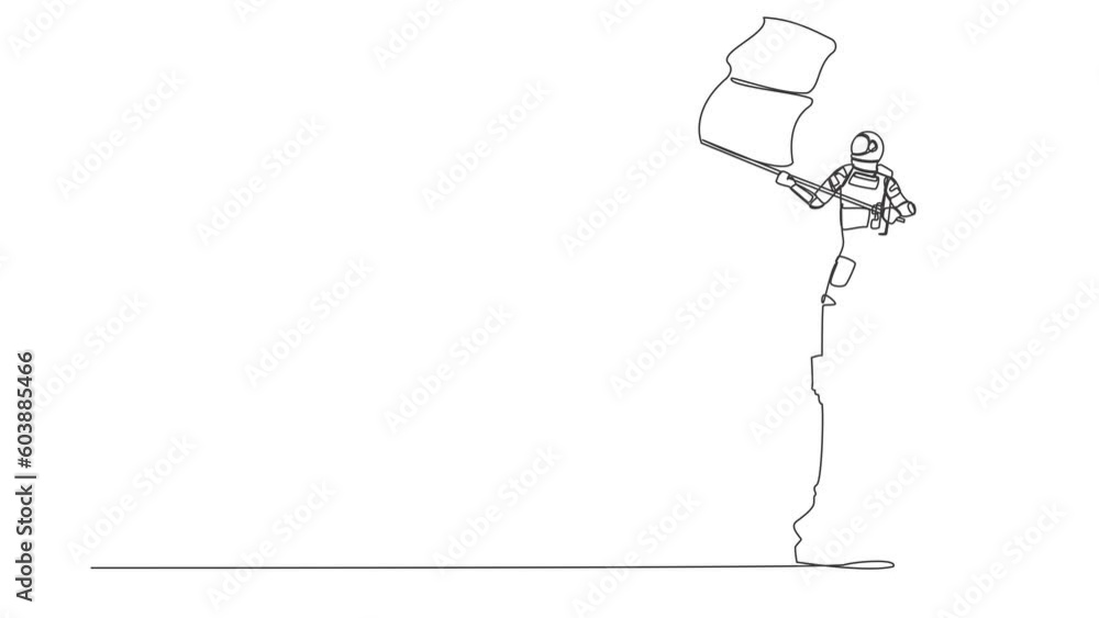 Poster animated self drawing of continuous one line draw astronaut standing on top rook chess waving flag. 