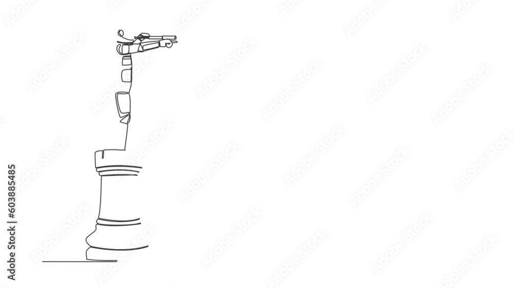 Poster animated self drawing of continuous line draw astronaut on top of big rook chess piece using monocul