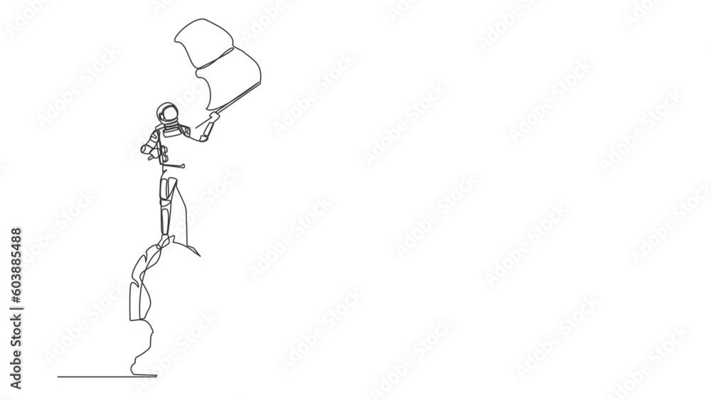 Poster animated self drawing of continuous line draw astronaut on top of big rook chess piece using monocul