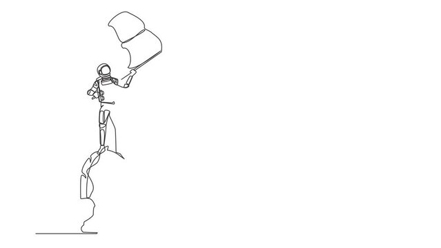 Animated self drawing of continuous line draw astronaut on top of big rook chess piece using monocular in moon surface. Looking for new planets. Cosmonaut deep space. Full length one line animation