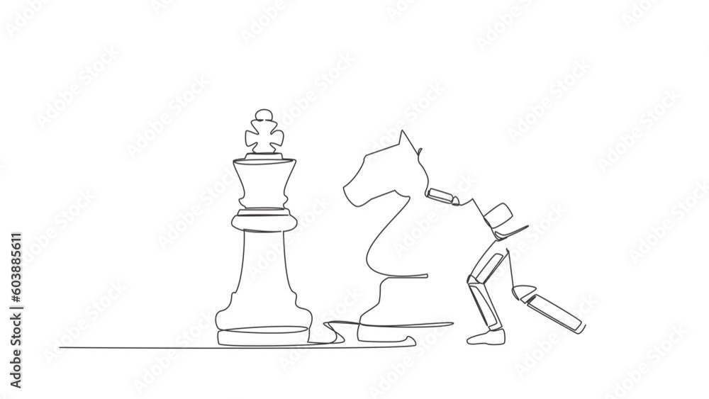Aufkleber animated self drawing of continuous line draw of young astronaut push huge knight horse chess piece 