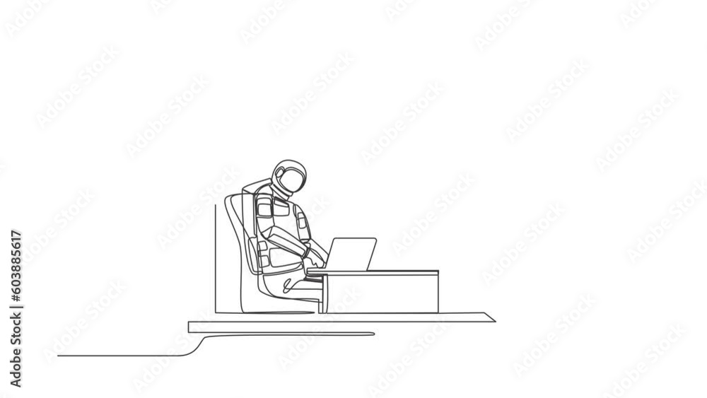 Poster self drawing animation of single line draw young astronaut sitting and working at desk and using lap
