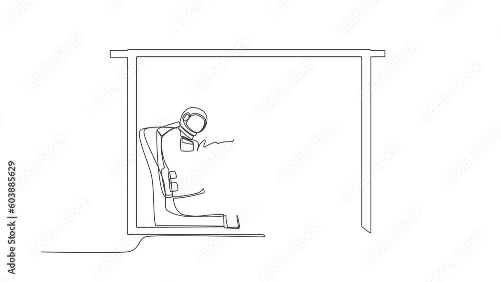 Poster animated self drawing of continuous line draw astronaut sitting in chair reading book in moon. sitti