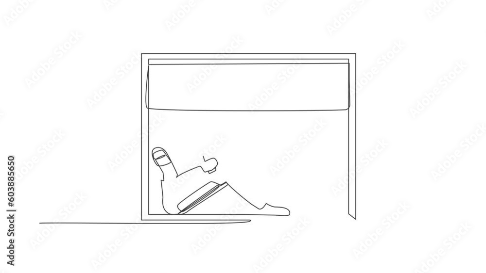 Poster animated self drawing of continuous line draw astronaut sitting on windowsill with smartphone coffee