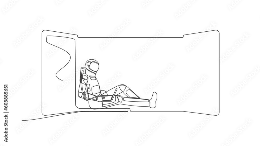 Poster self drawing animation of single line draw astronaut freelancer sitting on windowsill, working using