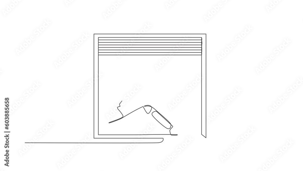 Poster animated self drawing of continuous line draw astronaut on windowsill with cup of hot tea, reading b
