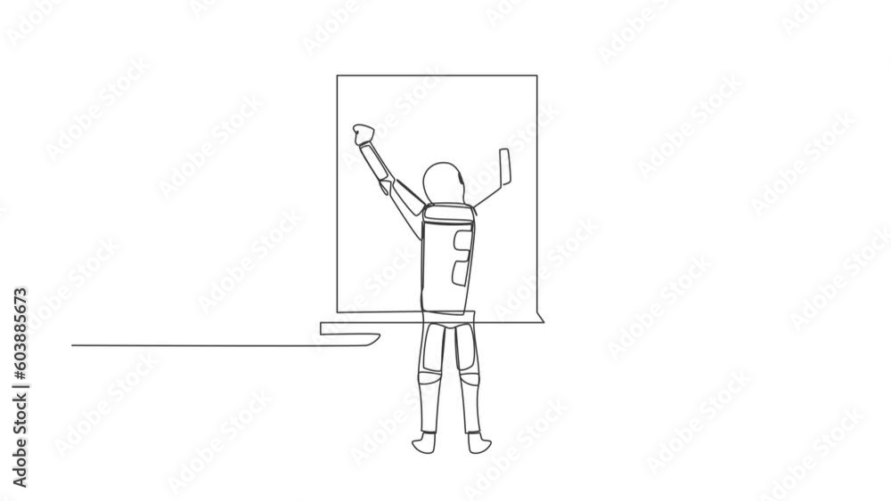 Poster self drawing animation of single line draw back view relaxed astronaut stretching arms in window. go