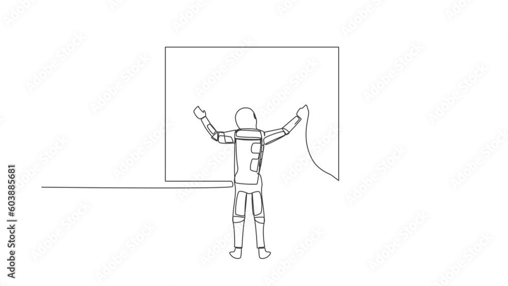Poster animated self drawing of continuous line draw astronaut opening window curtains in moon surface. wak