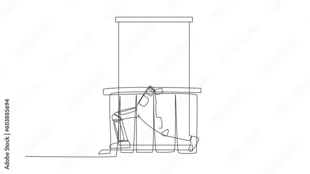 Poster animated self drawing of continuous line draw astronaut with headphone practices yoga near window or