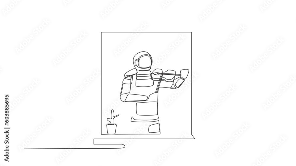Poster animated self drawing of continuous line draw astronaut musician standing near window and playing vi