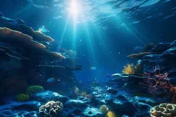 Fototapeta na wymiar Image of an underwater scene in a deep blue and beautiful sun ray under sea, created with Generative AI technology