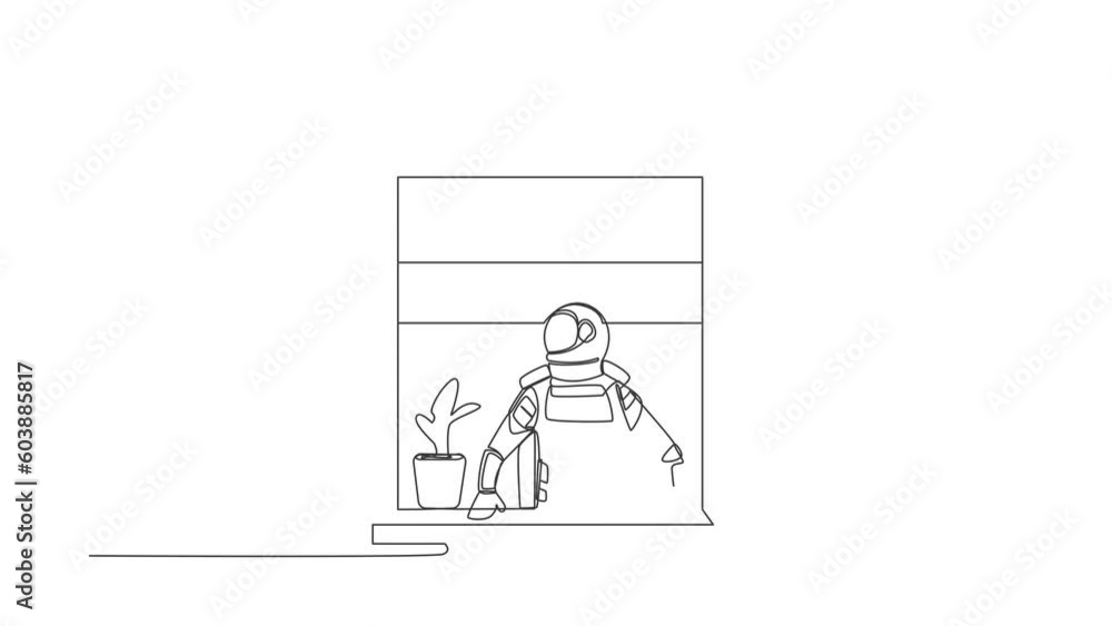 Poster animated self drawing of continuous line draw astronaut looking outside window in moon surface. spac