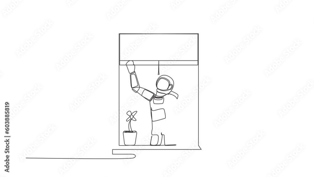 Poster self drawing animation of single line draw young astronaut waving at window as look like to greet or