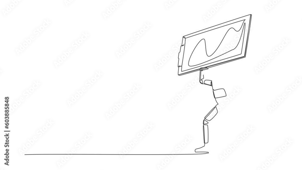 Poster animated self drawing of continuous line draw of astronaut carrying heavy clipboard on his back. spa
