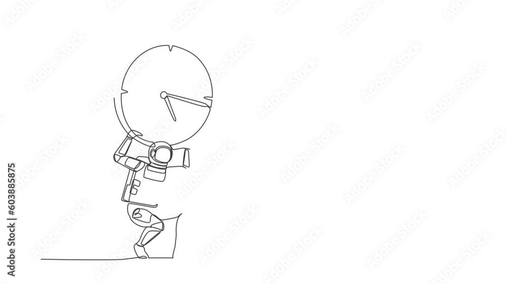 Poster animated self drawing of continuous line draw astronaut carrying heavy clock on his back. galactic e