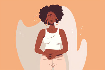 Generative AI.Painful female periods concept. Woman standing and suffering menstrual abdominal pain isolated on pink background. Design for health care. - obrazy, fototapety, plakaty