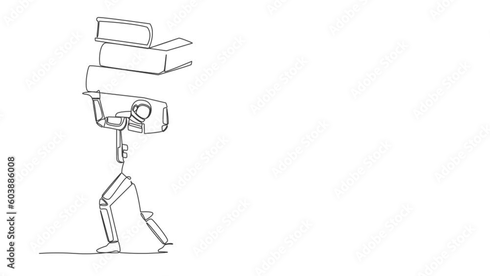Poster animated self drawing of continuous line draw astronaut carrying heavy pile paper folder on his back