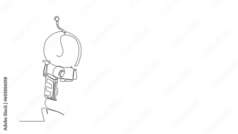 Poster animated self drawing of continuous line draw astronaut carrying bomb on his back. spaceship company
