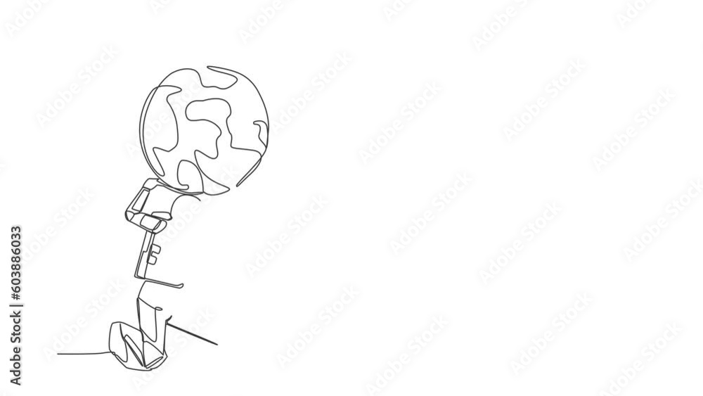 Poster animated self drawing of continuous one line draw astronaut carrying globe on back. earth exploitati