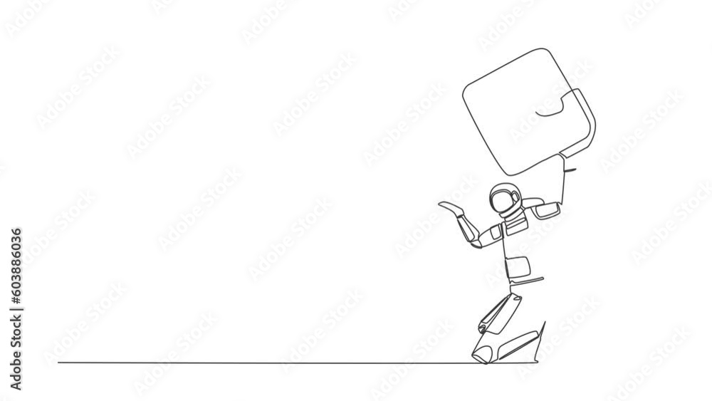 Poster animated self drawing of continuous line draw astronaut carrying heavy padlock on his back. space in