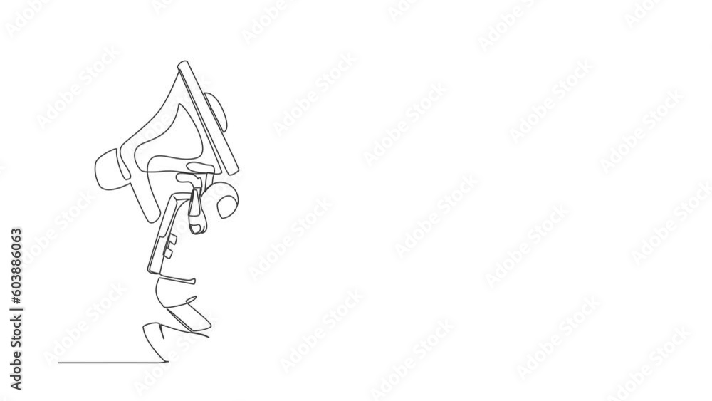 Poster self drawing animation of single line draw astronaut carrying megaphone on back. conflict and commun