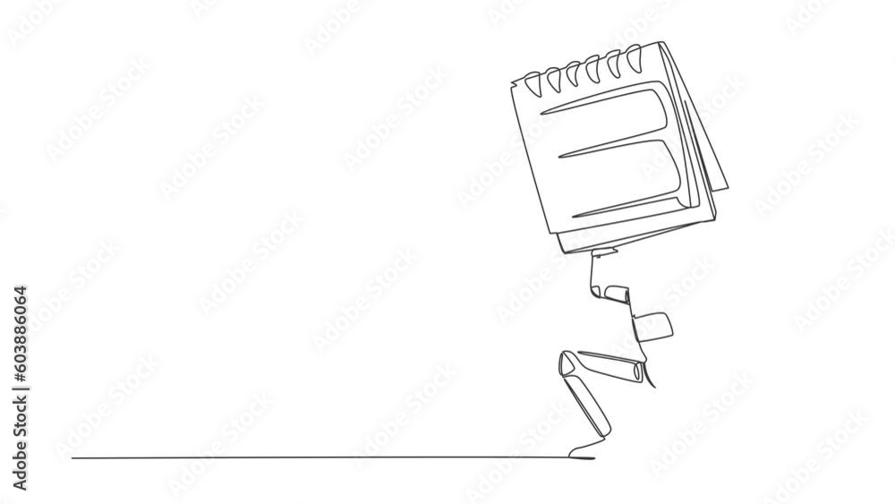 Poster animated self drawing of continuous line draw astronaut carrying heavy calendar on his back. spacema