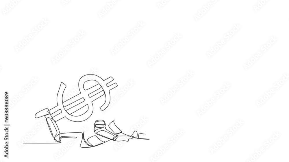 Poster animated self drawing of continuous line draw of young astronaut under heavy dollar symbol burden. o