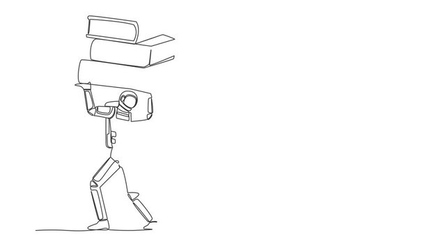 Animated self drawing of continuous line draw astronaut carrying heavy pile paper folder on his back. Spaceship problem in database exploration. Cosmonaut deep space. Full length one line animation