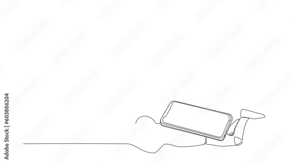 Poster animated self drawing of continuous line draw young astronaut under heavy smartphone burden. stresse