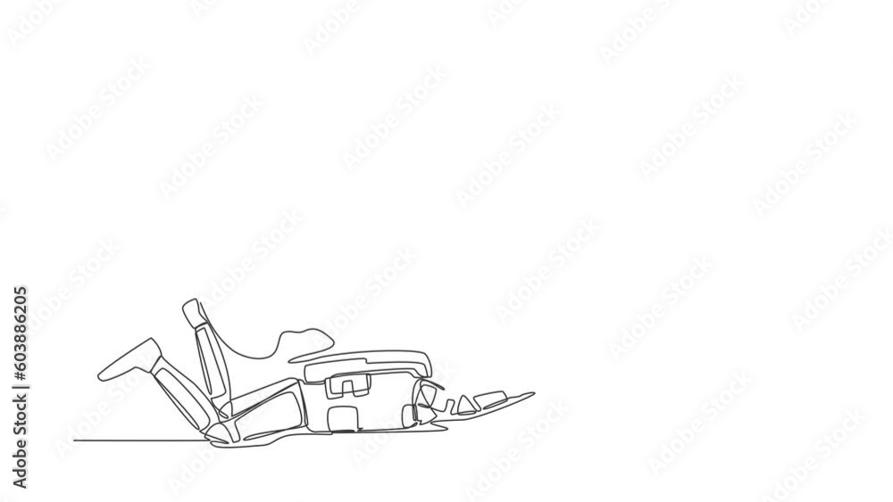 Poster self drawing animation of single line draw astronaut under globe burden in moon surface. earth explo
