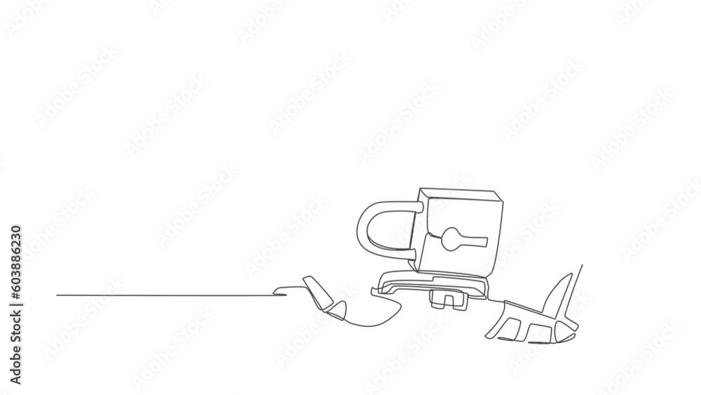 Poster self drawing animation of single line draw astronaut under lock pad burden. spaceship company or ind