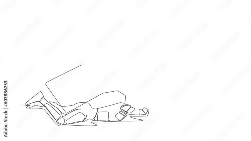 Poster Animated self drawing of continuous line draw astronaut under heavy clipboard burden. Busy spaceman with checklist expedition tasks document. Cosmonaut outer space. Full length single line animation