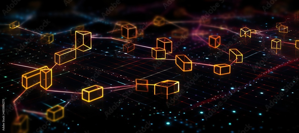 Poster Glow cube cyber network system technology background. Generative AI technology.	