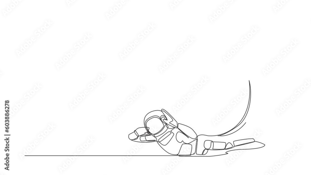 Poster self drawing animation of single line draw of astronaut under alarm heavy clock burden in moon. work