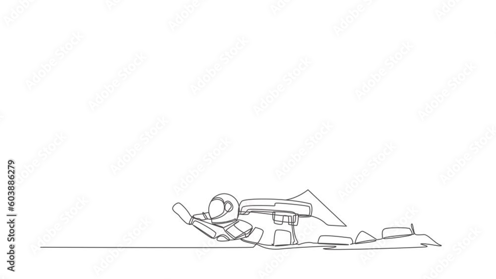 Aufkleber animated self drawing of continuous line draw of young astronaut under heavy target burden. exhauste